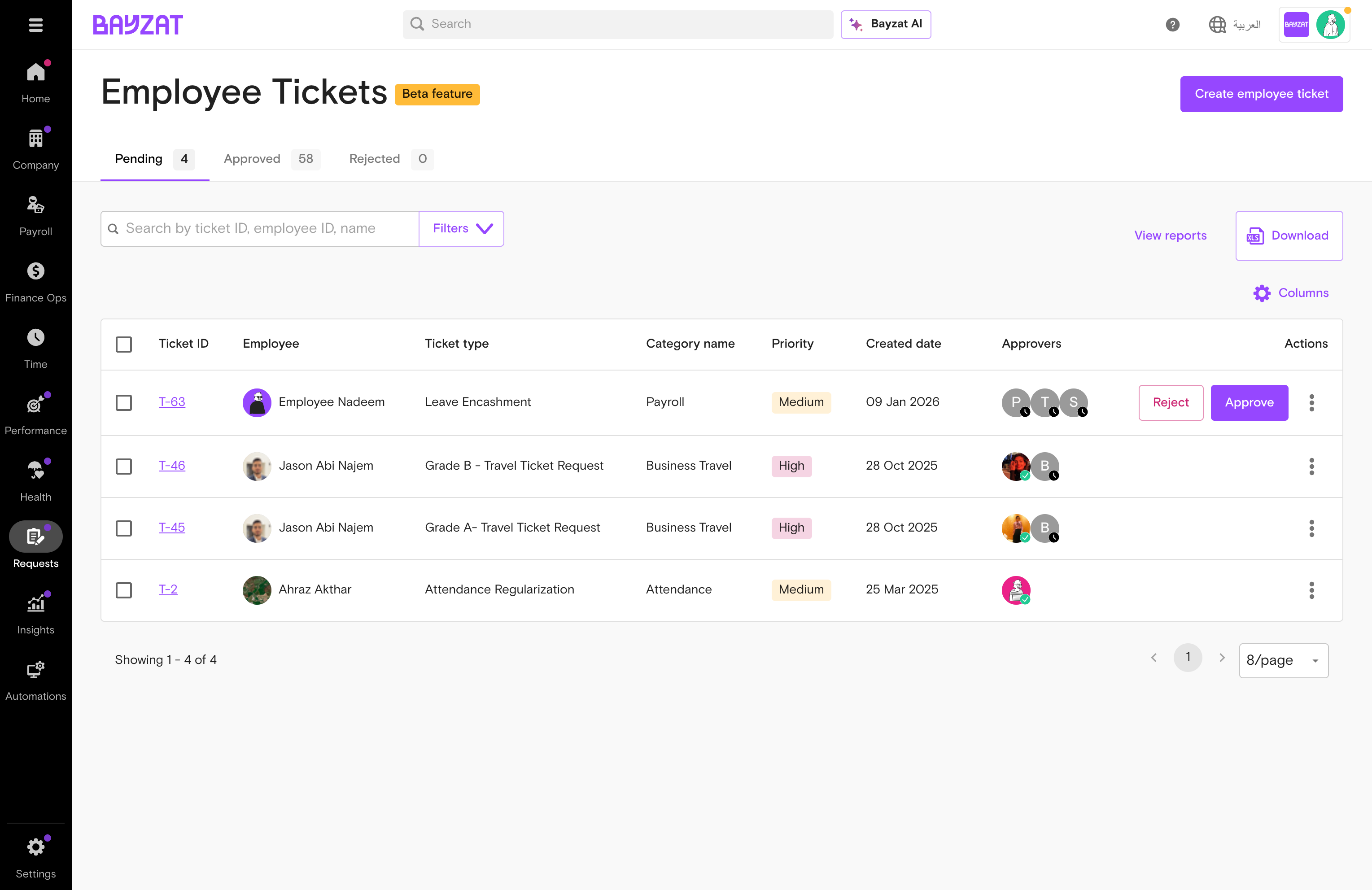 Employee Tickets — pending tab