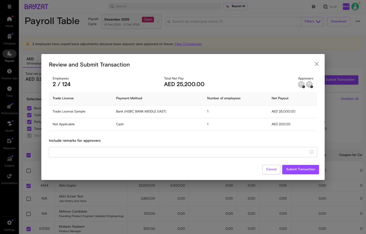 Submit transaction dialog