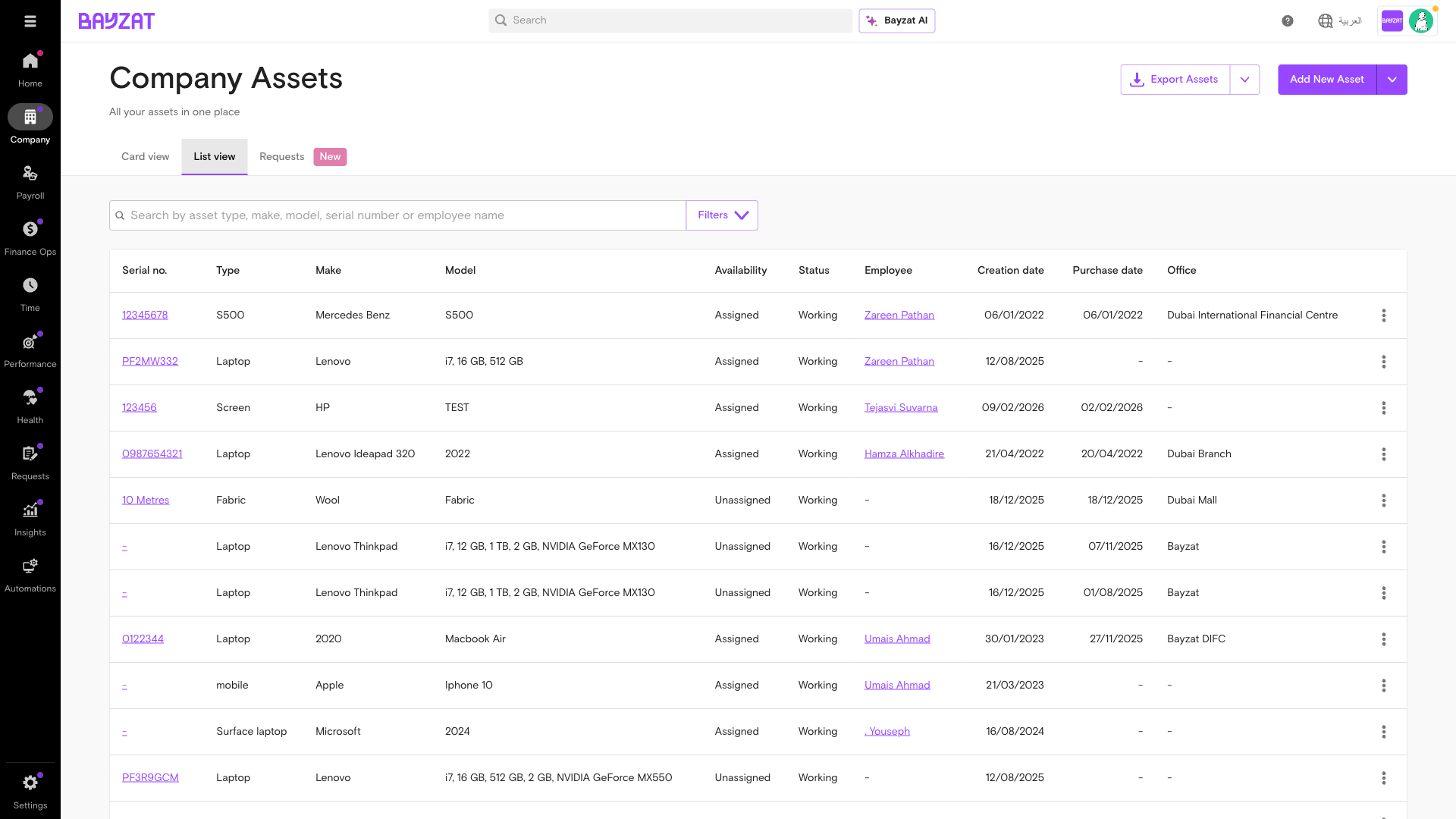 Assets list view