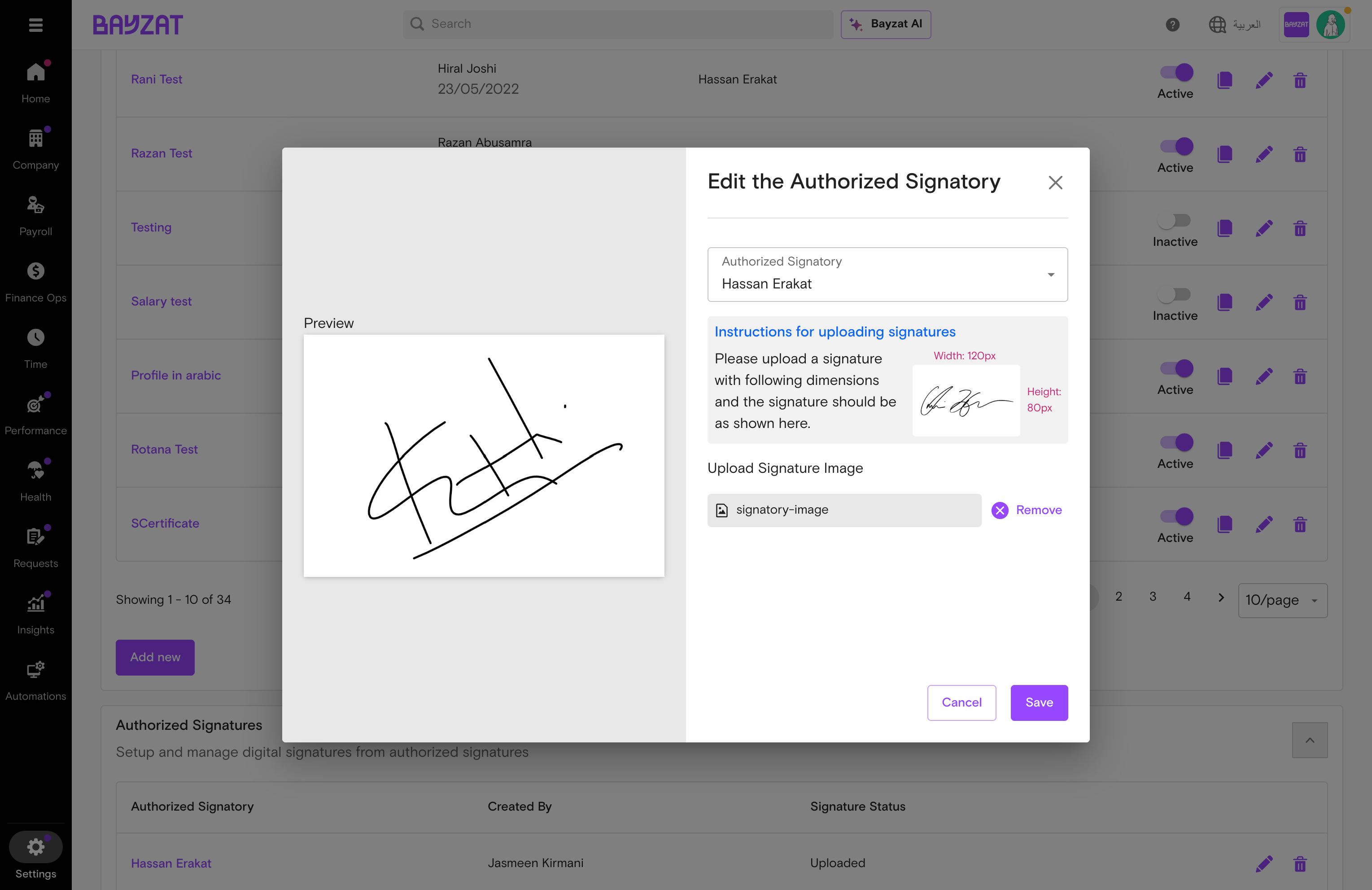Authorized signatory detail modal